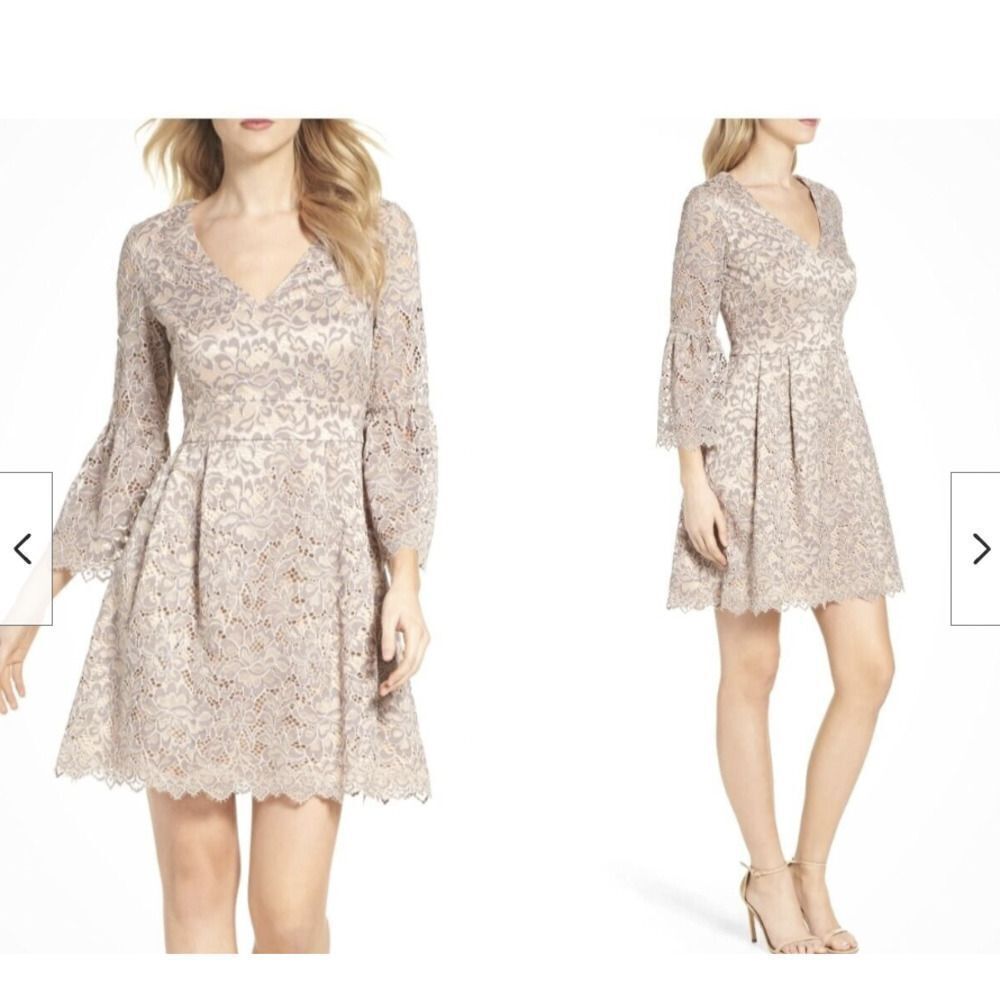 Eliza J Size 6 Dress Lace Fit and Flare Nude Tan Gray‎ Bell Sleeve Dress